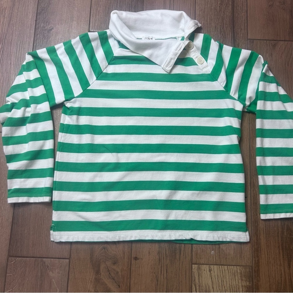 J Crew  Women’s Wide Striped Top Green Funnel Neck Lightweight Sweatshirt Size S
